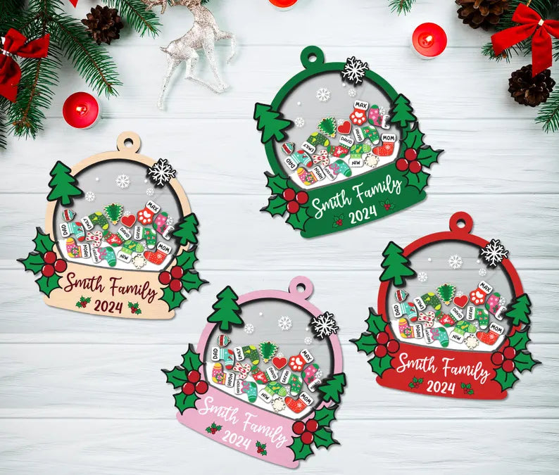 Family and Pet Ornaments, Personalized Stocking Family Shaker Ornament, Custom Family Christmas Ornament 2024, 4D Shaker Christmas Ornament