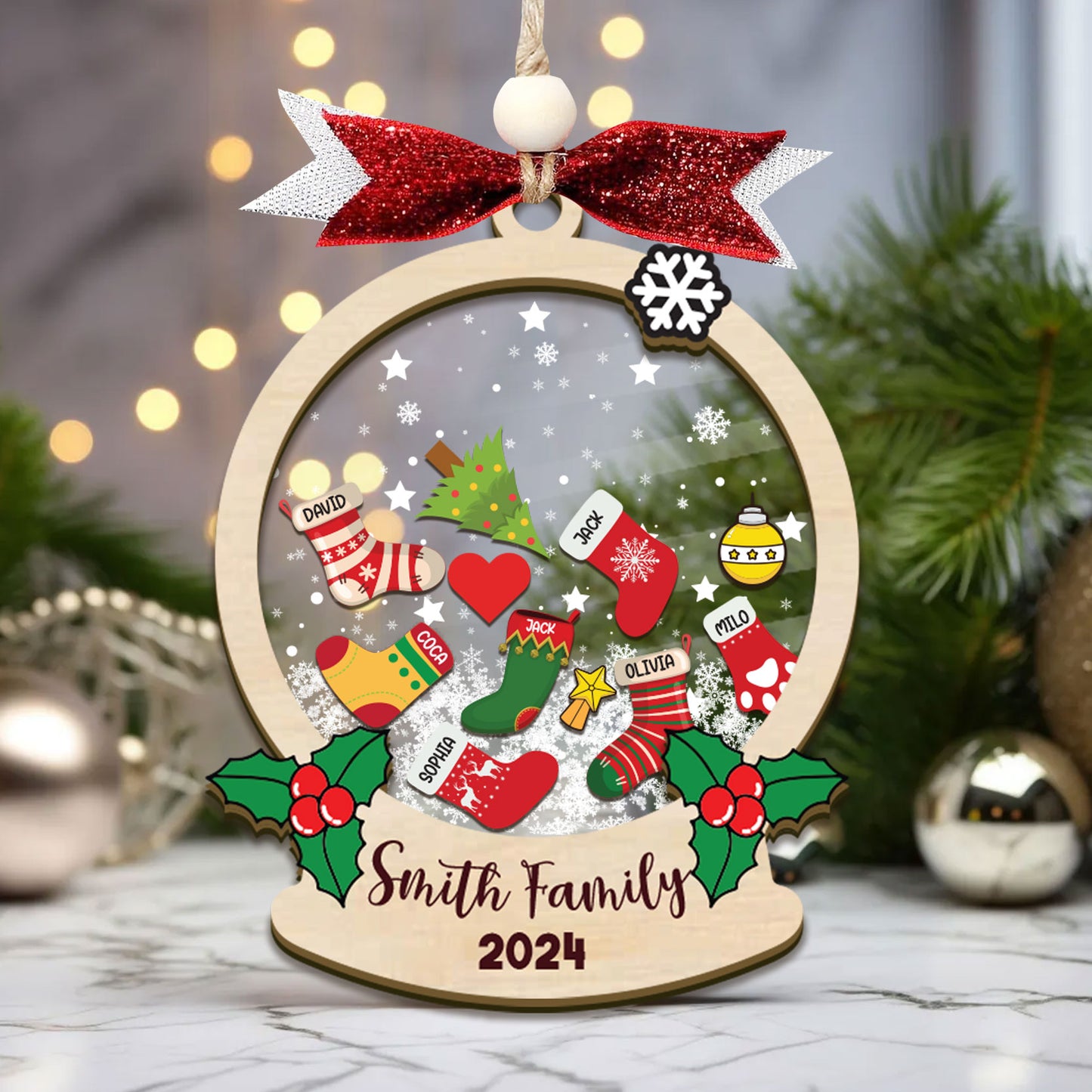 Personalized Stocking Family Shaker Ornament, Custom Family Christmas Ornament 2024, 4D Shaker Christmas Ornament