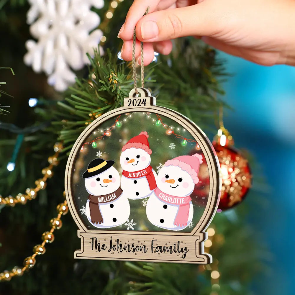 Christmas Snow Globe Snowman Family - Personalized 2-Layered Mix Ornament