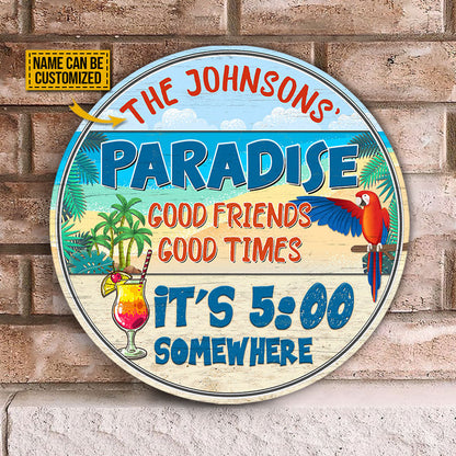 Beach Parrot Paradise It's 5 O'Clock Somewhere, Beach House, Outdoor Bar Decor, Custom Wood Circle Sign