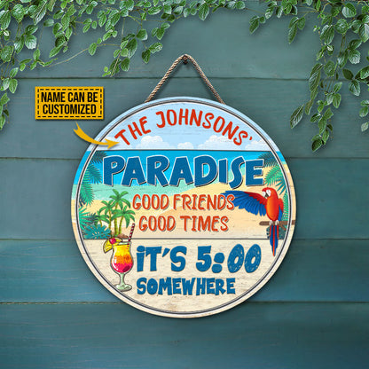 Beach Parrot Paradise It's 5 O'Clock Somewhere, Beach House, Outdoor Bar Decor, Custom Wood Circle Sign