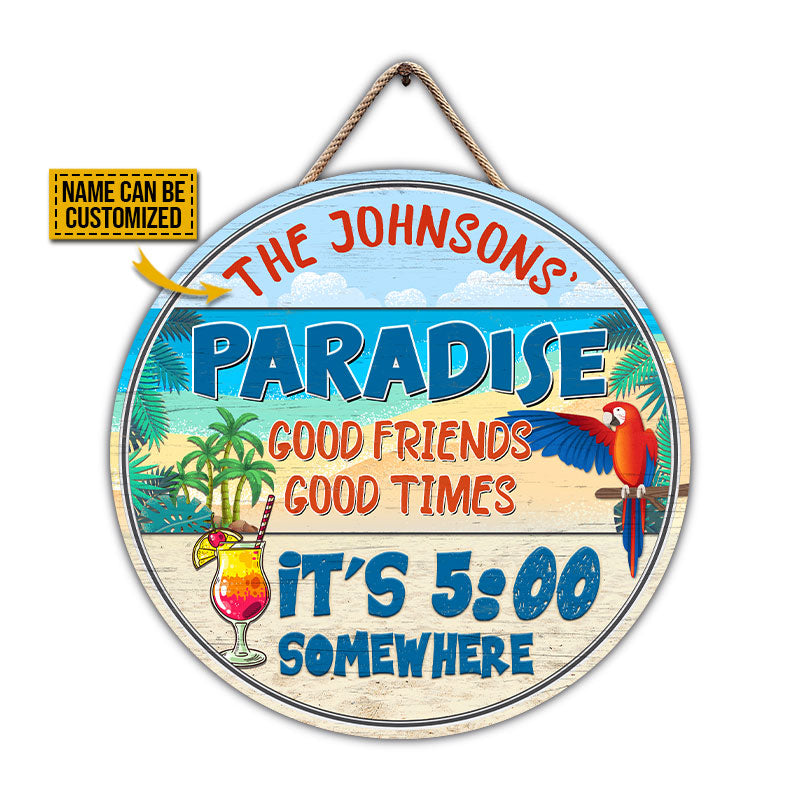 Beach Parrot Paradise It's 5 O'Clock Somewhere, Beach House, Outdoor Bar Decor, Custom Wood Circle Sign