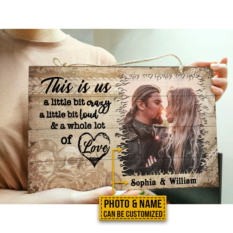 Custom Photo Motorcycling Skull Couple Husband Wife A Little Bit Of Crazy Photo Gift Custom Wood Rectangle Sign, Motorcycle, Anniversary, Wall Pictures, Wall Art, Wall Decor