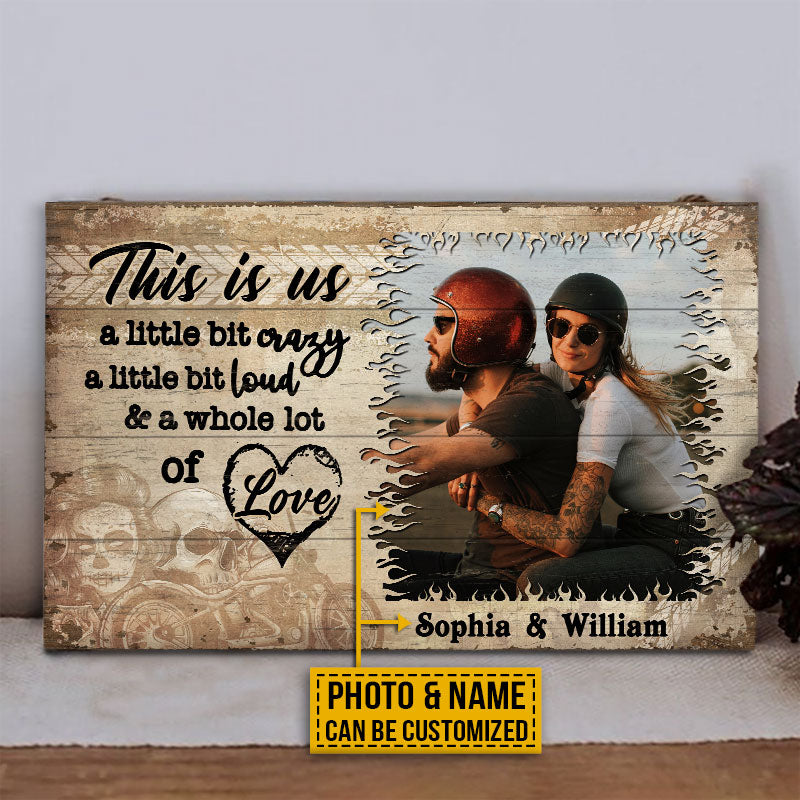 Custom Photo Motorcycling Skull Couple Husband Wife A Little Bit Of Crazy Photo Gift Custom Wood Rectangle Sign, Motorcycle, Anniversary, Wall Pictures, Wall Art, Wall Decor