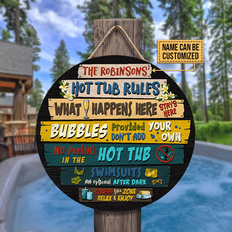 Hot Tub Rules What Happens Custom Wood Circle Sign, Hot Tub Decorating Ideas