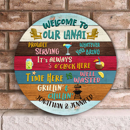 Lanai Welcome Proudly Serving Custom Wood Circle Sign