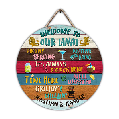 Lanai Welcome Proudly Serving Custom Wood Circle Sign