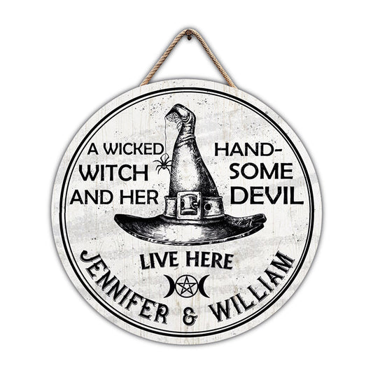 Personalized Witch Handsome Devil Customized Wood Circle Sign