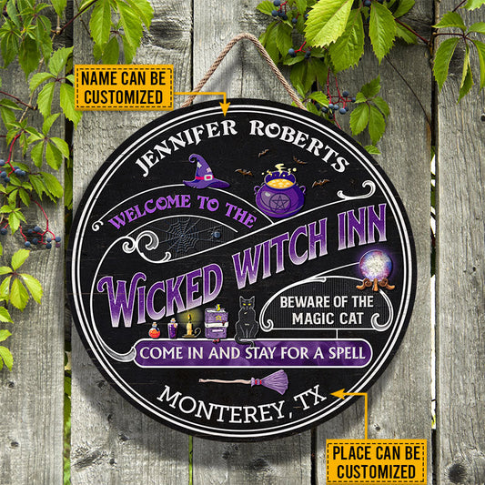 Witch Inn Black Cat Stay For A Spell Black Custom Wood Circle Sign, Witch Decor, Witchy, Goth, Witch Sign, Halloween Sign, Halloween Gift