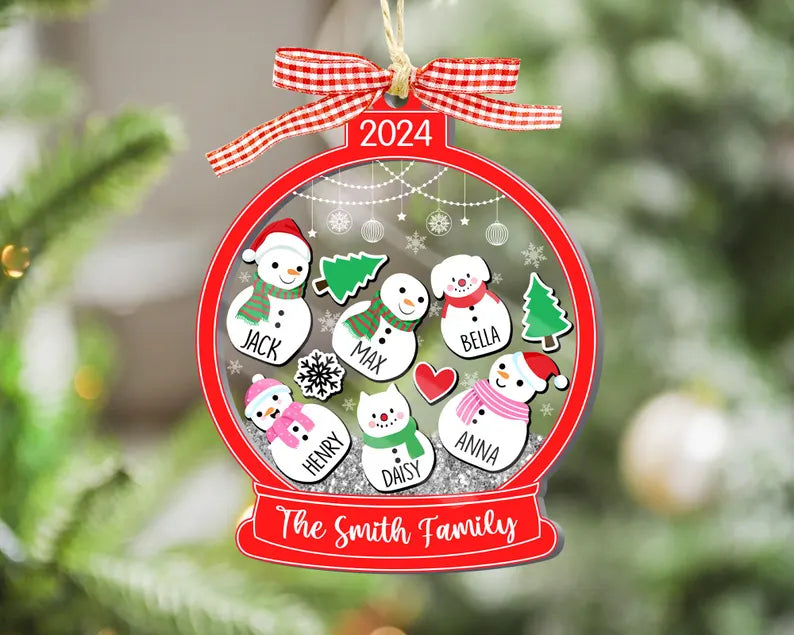 Personalized Family With Pets Ornament, 4D Shake Christmas Ornament, Snowman Family Ornament, 2024 Christmas Ornament, Family Keepsake