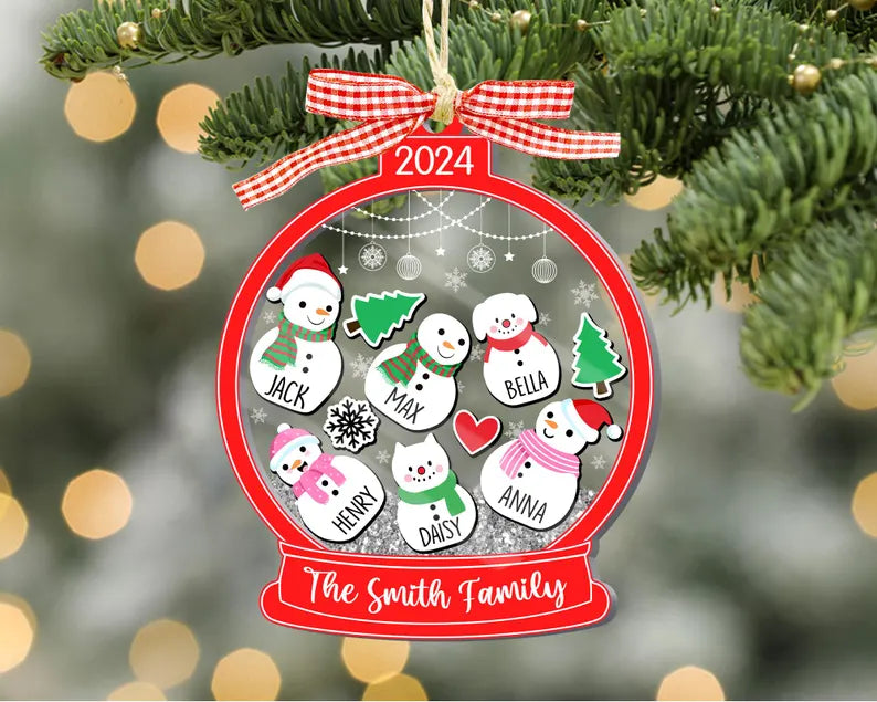 Personalized Family With Pets Ornament, 4D Shake Christmas Ornament, Snowman Family Ornament, 2024 Christmas Ornament, Family Keepsake