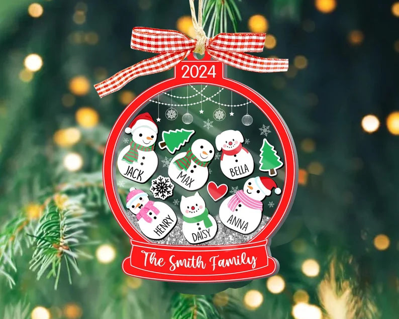 Personalized Family With Pets Ornament, 4D Shake Christmas Ornament, Snowman Family Ornament, 2024 Christmas Ornament, Family Keepsake