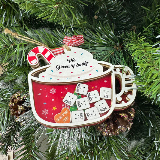 Custom Family Christmas Ornament, Marshmallow Hot Chocolate Shaker Ornaments, Family Keepsake, Personalized Christmas Ornament Tree Decor