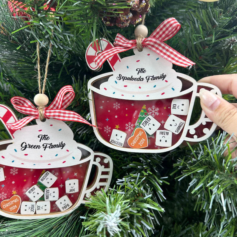 Custom Family Christmas Ornament, Marshmallow Hot Chocolate Shaker Ornaments, Family Keepsake, Personalized Christmas Ornament Tree Decor